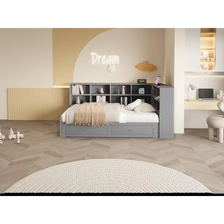 Ball & Cast Stauraumbett (90/180x190 cm) mit Schublade, Schlafsofa mit Vielen Ablagefächern + Multifunktionale Euro-Steckdose, Einfach & Zeitsparend Montierbar, Grau – Bild 5