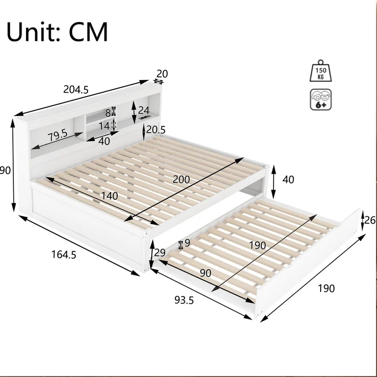 CHICFURN Bett aus Spanplatte und MDF Weiß 140x200 cm mit Ausziehbett, LED-Beleuchtung und USB-Anschlüssen – Bild 10
