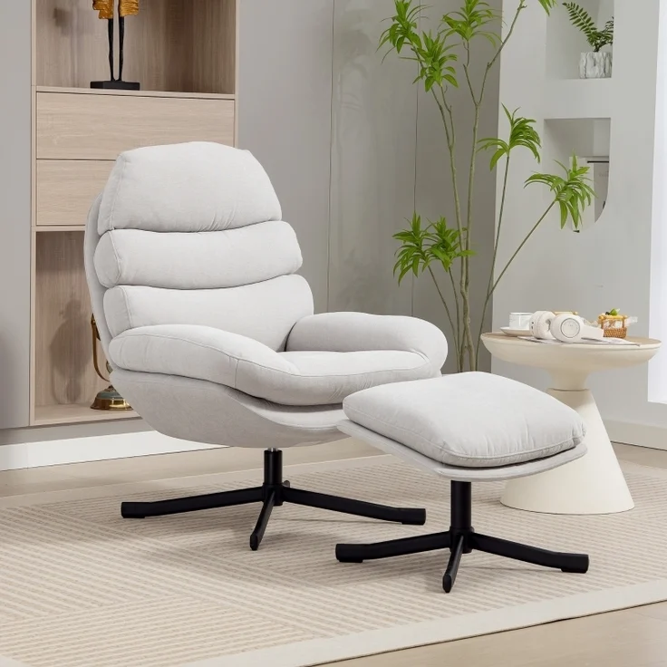 Relaxsessel mit Ottomane, Chenille, 360° drehbar, breite Sitzfläche, Stahlkreuzbasis, bis 120kg, gemütlich – Bild 1