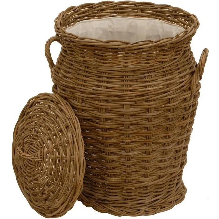 Krines Home Wäschetonne Wäschekorb Wäschetonne Wäschesammler Ø 50 cm aus echtem Rattan, rund mit Deckel und Inlett