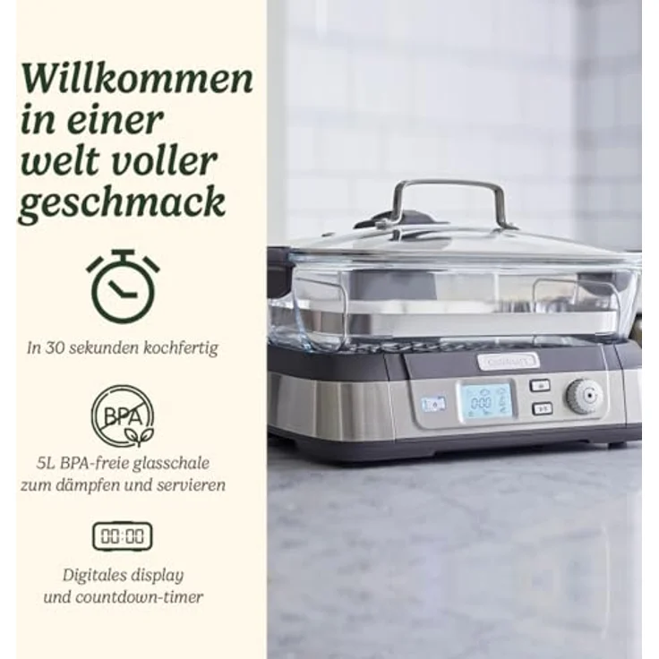 Cuisinart STM1000E Dampfgarer aus Glas, mit vorinstallierten Programmen, Warmhaltefunktion, Silber/Schwarz, Edelstahl – Bild 2