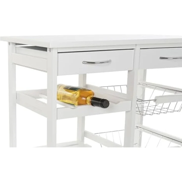 DRW Doppel-Küchenwagen aus weißem Holz mit 2 Schubladen, Weinregal, Körben und Regalen, 67 x 37 x 79 cm – Bild 5