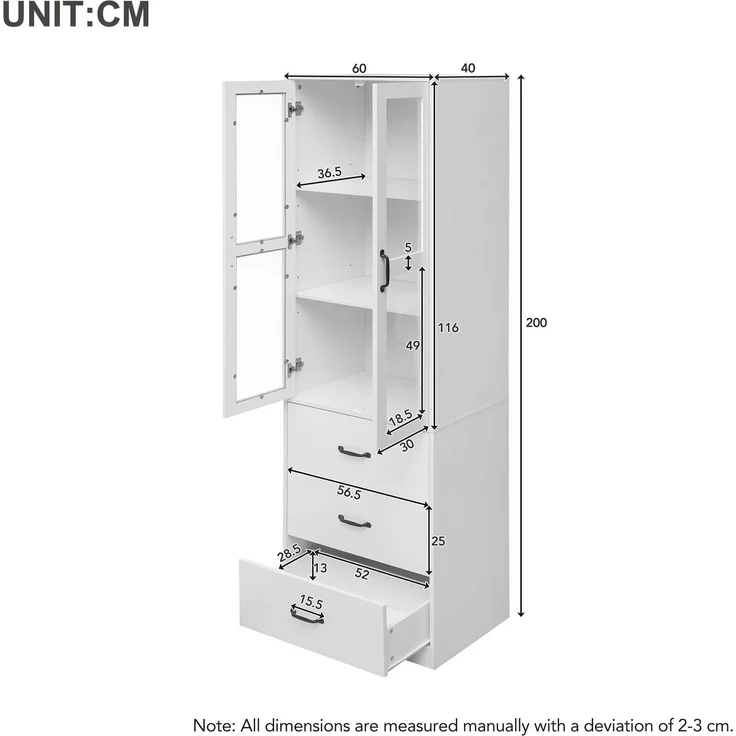 313506507WAA)Weiße Vitrine 200 cm hoch, Standvitrine mit 3 Schubladen und 2 beweglichen Trennwänden, LED-Beleuchtung - eine stilvolle Ergänzung für Ihre Sammlung,Glass-Schranktüren--Weiß--93x52x21cm--YOUDENOVA – Bild 8