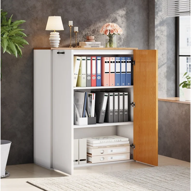 Aktenschrank aus MDF mit Lamellenfront & Soft-Close, 80x40x110 cm, Weiß/Eiche – Bild 2