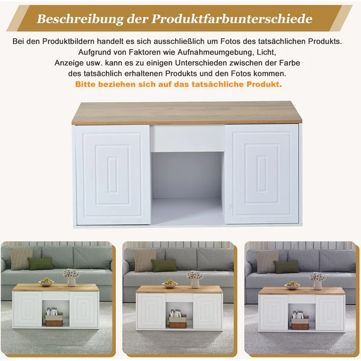 Couchtisch 46 x 95 x 45 cm, mit Höhenverstellung, in Holzoptik, Konstruktion aus Spanplatte, Weiß / Naturfarben – Bild 6