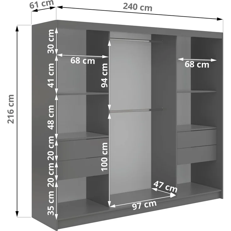 Schiebetürenschrank GRECJA 240 cm breite mit Spiegelfront und Dekor-Applikationen in Grau, inkl. Kleiderstange & Einlegeböden mit Schubladen - Grau – Bild 5