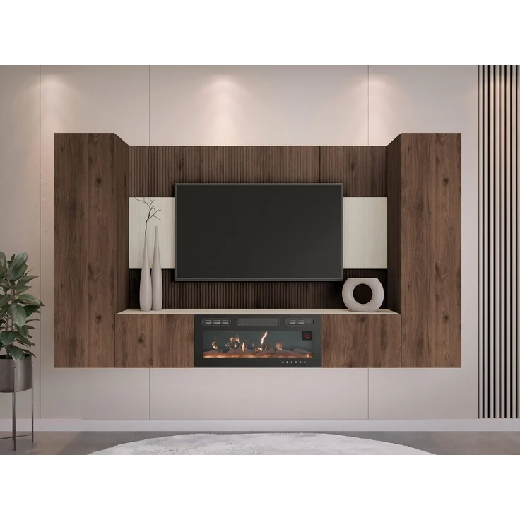 Wohnwand Deromi V mit Kamin (Farbe: Nuss Okapi + Travertin) – Bild 3