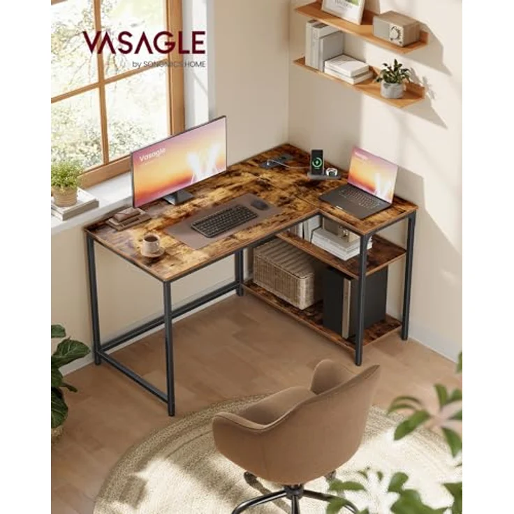 VASAGLE Gaming Schreibtisch in L-Form, Schreibtisch mit Stauraum, höhenverstellbare Regale, für Zuhause, mit Steckdosen und 2 USB-Anschlüssen, 110 x 80 cm, rustikales Braun LWD131KD01 – Bild 3