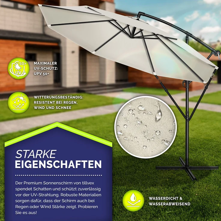 tillvex Sonnenschirm Beige Ø 350 cm Ampelschirm Gartenschirm Marktschirm Kurbel Balkon Alu Neigbar Beige - Ø350cm – Bild 2
