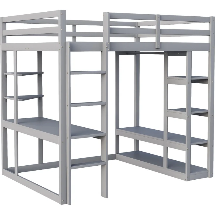 Graues Hochbett Mit Arbeitsplatz Und Kleiderschrank 140x200 Massivkiefer 120kg Tragkraft Jugendzimmer Studentenwohnung – Bild 8