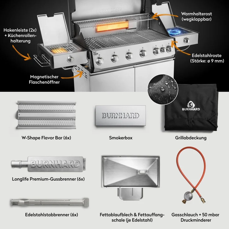 BURNHARD® Gasgrill 6-Brenner, 6x Longlife Premium-Gussbrenner, 900°C Infrarot-Keramikbrenner, Seitenkochfeld, Heckbrenner, Piezo-Zündung, Edelstahlrost – Fat FRED Deluxe+, Silber – Bild 4