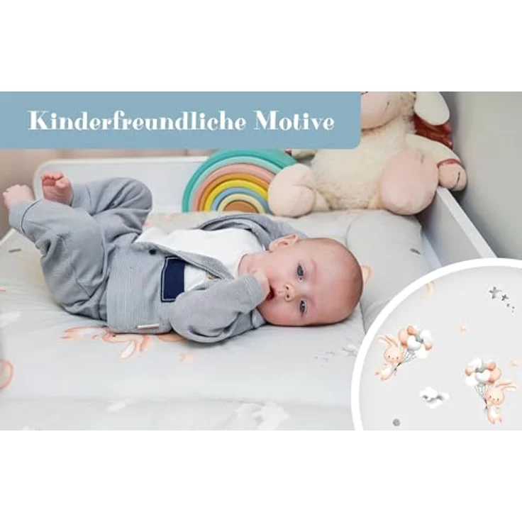 Wickelauflage Wickelunterlage aus Baumwolle 75x72 cm - Weich und waschbar Wickelunterlage für Babys Wickelmatte aus Stoff für Wickeltisch Wickelkommode oder Waschmaschine 75x72 Kaninchen – Bild 6