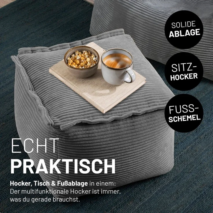 Lumaland Sitzsack-Sofa, Polyester, Pouf, Cord - Grau, 40 x 54 x 54 cm – Bild 7