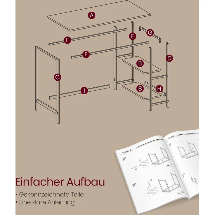Vasagle Schreibtisch Computertisch, Bürotisch mit 2 Ablagen, 50 x 100 x 76 cm – Bild 7