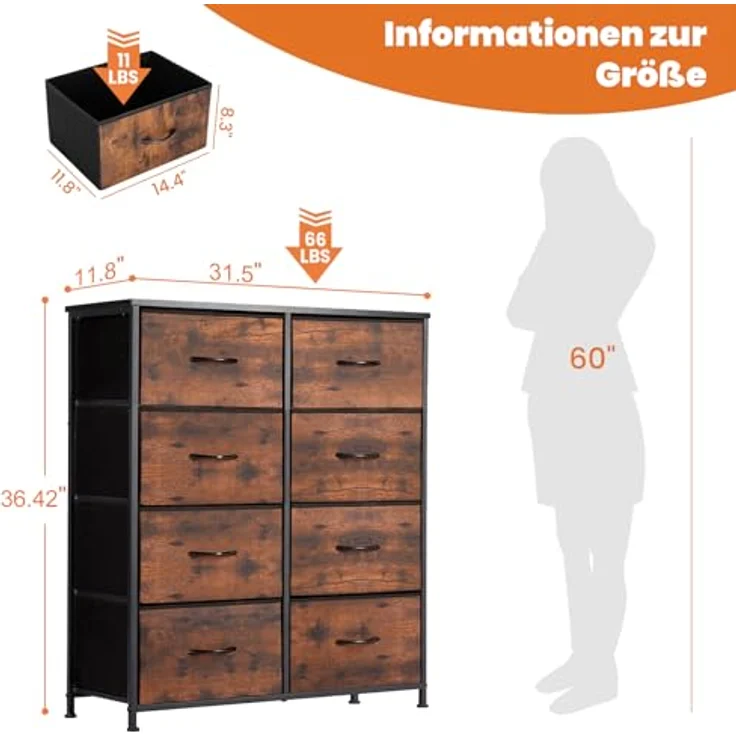 Sweetcrispy Kommode,Sideboard Wohnzimmer für Schlafzimmer mit 8 Stoffschubladen,Einstellbare Füße Schubladenschrank,Schwarzbraun – Bild 3