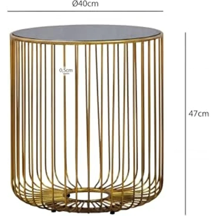 Beistelltisch Glas Metall 40cm Gold Rund - Moderner Anstelltisch - Design Sofatisch Couchtisch Drahtkorb - Loungetisch mit Gittergestel - Runder Wohnzimmertisch Klein Handmade – Bild 3