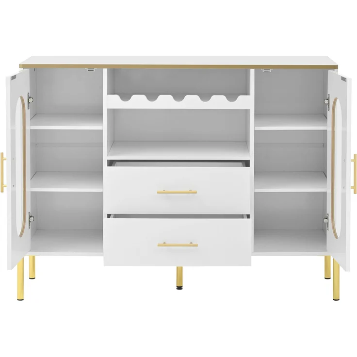 Merax Weißes Sideboard, Glasfronten & Weinregal – Sideboard für Esszimmer & Wohnzimmer – Verstellbarer Fuß – Viel Stauraum – Bild 8