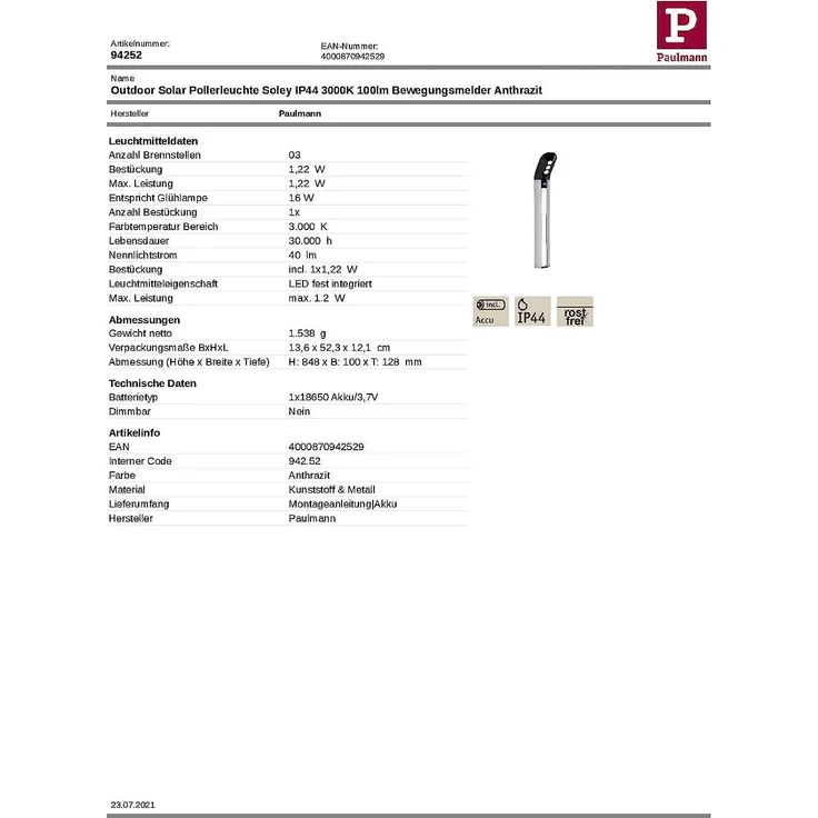 Paulmann No. 94252 Outdoor Solar Pollerleuchte Soley mit Bewegungsmelder Anthrazit – Bild 21