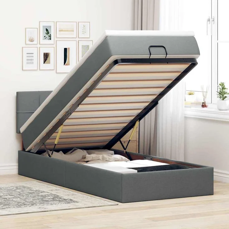 vidaXL Ottoman-Bett mit Matratze & LEDs Dunkelgrau 90x190 cm Stoff 3312271 – Bild 1