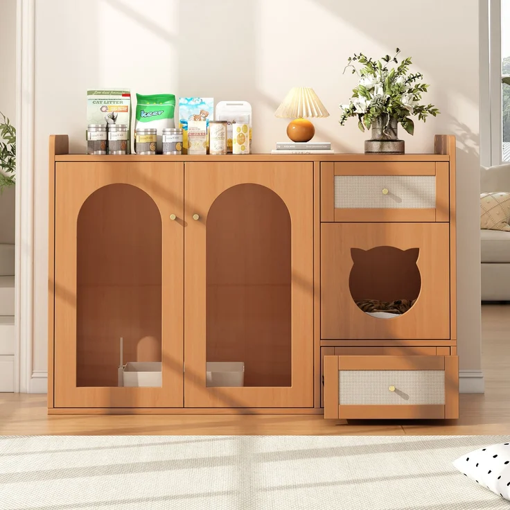 Mehrzweckiges Katzenhaus & Katzenkloschrank – haustiertierfreundlicher Beistellschrank mit Futterschalen, Katzenruheraum, Lagerbereich (ohne Katzenklo & Katzenkissen), Nussbaumfarben, 120x45x83 cm – Bild 9
