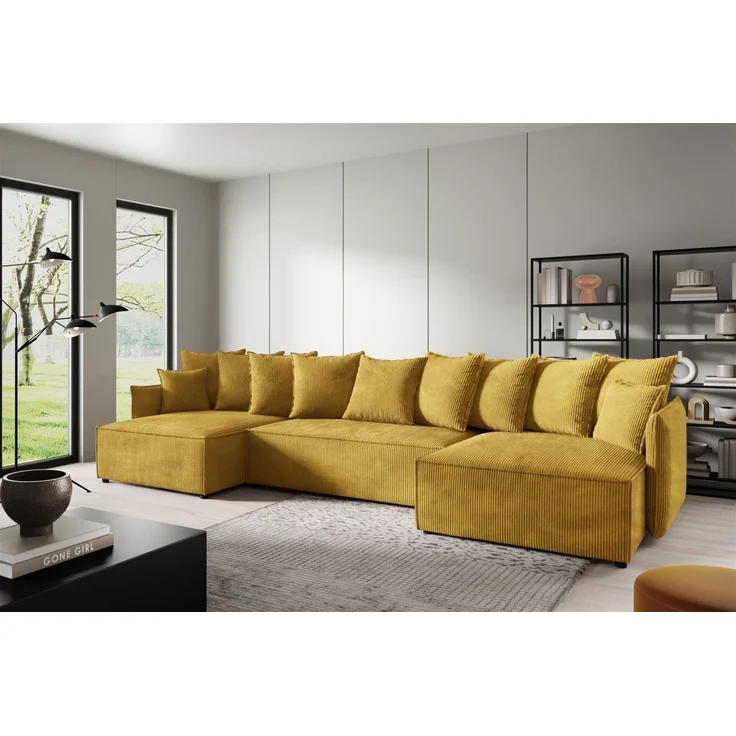 Wohnlandschaft mit Schlaffunktion MINEA Sofa U-Form in Stoff Poso Honiggelb – Bild 1