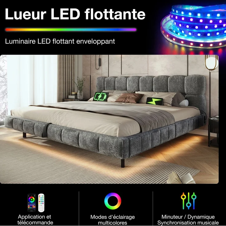 EINHOM Bett Polsterbett Doppelbett Jugendbett in Schwebeoptik, Bubble Design Wolkenbett, Hydraulischer Stauraum, LED, Ladeanschluss (USB & Typ-C), Chenille, 180 x 200 cm, Grau, (Ohne Matratze) – Bild 7
