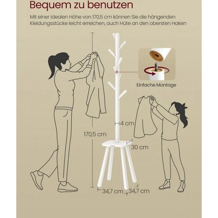 Vasagle Garderobenständer, Kleiderständer, mit 8 Haken und Ablagefläche, 170,5 cm hoch für Mäntel, Hüte, Taschen, Eingangsbereich, Flur, Schlafzimmer, wolkenweiß RCR033W01 – Bild 4