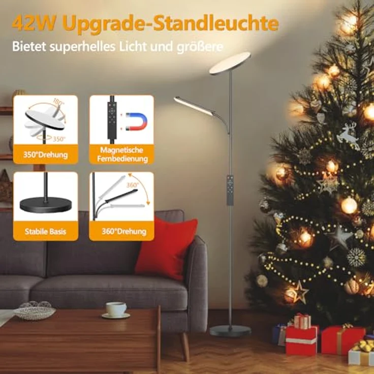 Stehlampe Wohnzimmer, 42W Deckenfluter mit Leselampe, 4200LM LED Stehlampe Dimmbar mit 2700K-6500K Farbtemperatu, Moderne Standleuchte mit Fernbedienung & Touch-Steuerung für Wohnzimmer Schlafzimmer – Bild 8
