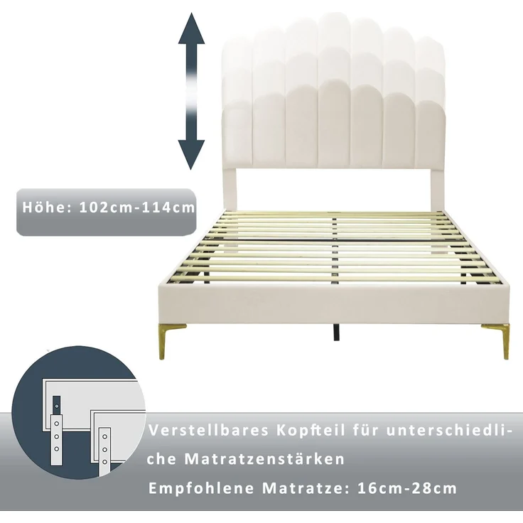 Polsterbett mit Lattenrost, 140x200 cm, Kopfteil höhenverstellbar, Doppelbett, Samt – Bild 5