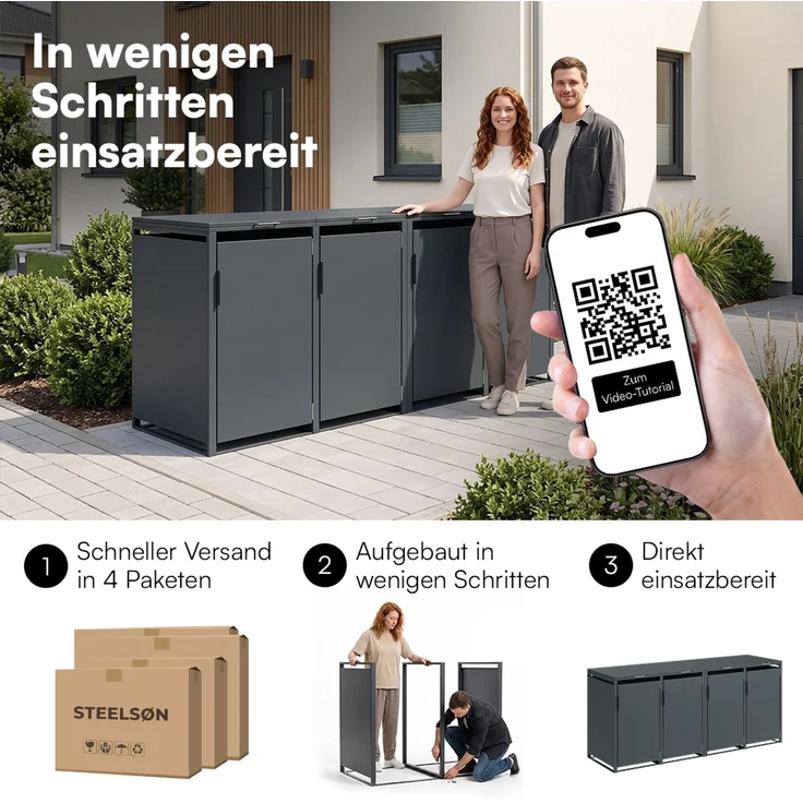 STEELSØN 'Thoria' Mülltonnenbox 4er je 240 Liter, anthrazit, Mülltonnenverkleidung aus Stahl, wetterfest, 116x80x268 cm, Müllbox für 4 Tonnen – Bild 10