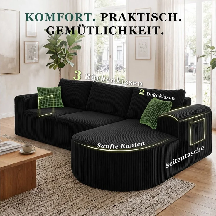 COMHOMA Sofa Ecksofa mit Schlaffunktion, Corduroy Modulares Boneless Couch, mit Chaiselongue, L-Form Schlafsofa, Sektionssofas mit Kissen & Seitentaschen – Bild 4