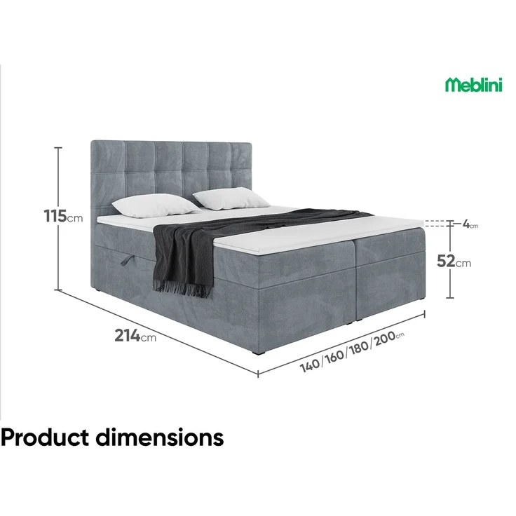 MEBLINI Boxspringbett KAI 180x200cm - H3/Grau Samt - mit Bettkasten - Gepolstert Doppelbett mit Matratze und Topper - Polsterbett mit Stauraum - Bett mit Kopfteil – Bild 7