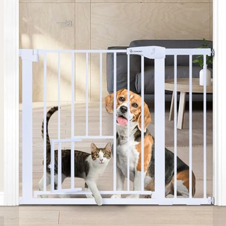COMOMY Türschutzgitter mit Katzenklappe, 75-103cm Treppenschutzgitter ohne Bohren für Hunde und Katzen, Autoclose, Erweiterbar Türgitter Absperrgitter mit 7cm und 14cm Verlängerungen, Weiß – Bild 2
