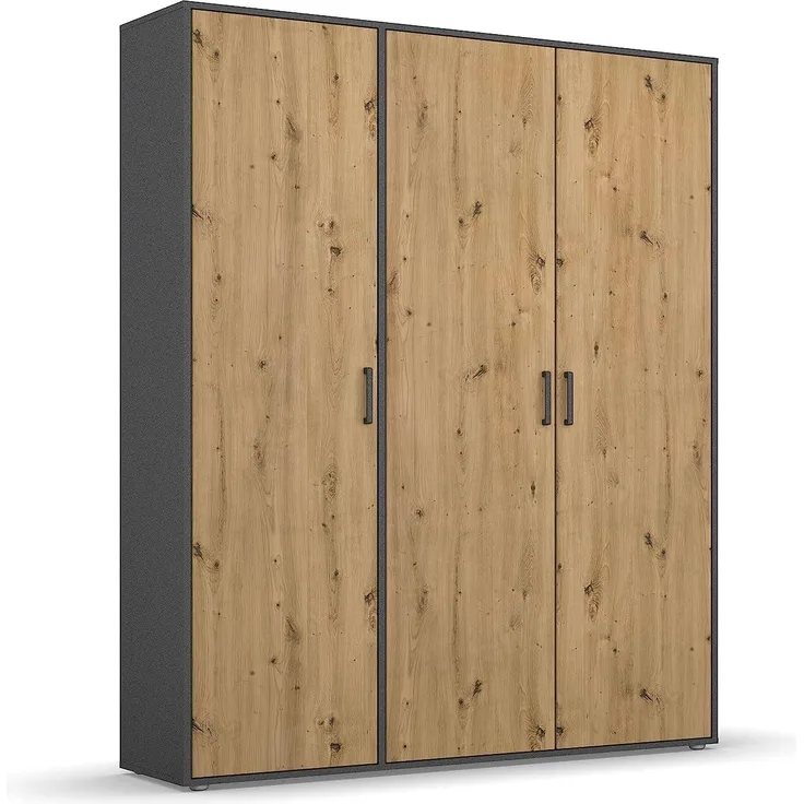 Rauch Möbel Voyager Schrank Kleiderschrank Drehtürenschrank, Eiche Artisan/Graumetallic, 3-türig, inkl. 1 Kleiderstange, 4 Einlegeböden BxHxT 140x194x53 cm