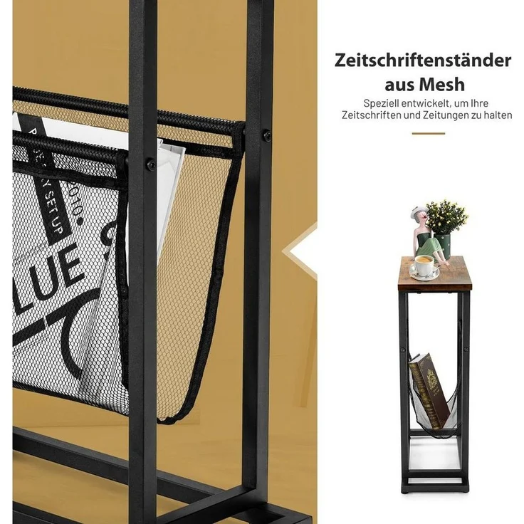 COSTWAY Industrieller Beistelltisch, 2-stufiger schmaler Sofatisch, Kaffeetisch mit Magazinhalterung und schwarzem Stahlsockel, rustikaler Nachttisch Teetisch für Wohnzimmer Schlafzimmer Büro – Bild 3