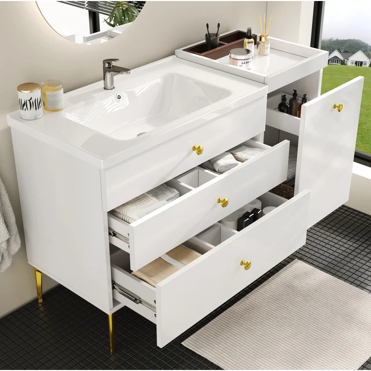 Waschtischunterschrank 120 x 47,5 x 80 cm mit Keramikwaschbecken – Badezimmerschrank in Weiß mit goldfarbenen Griffen – Bild 3