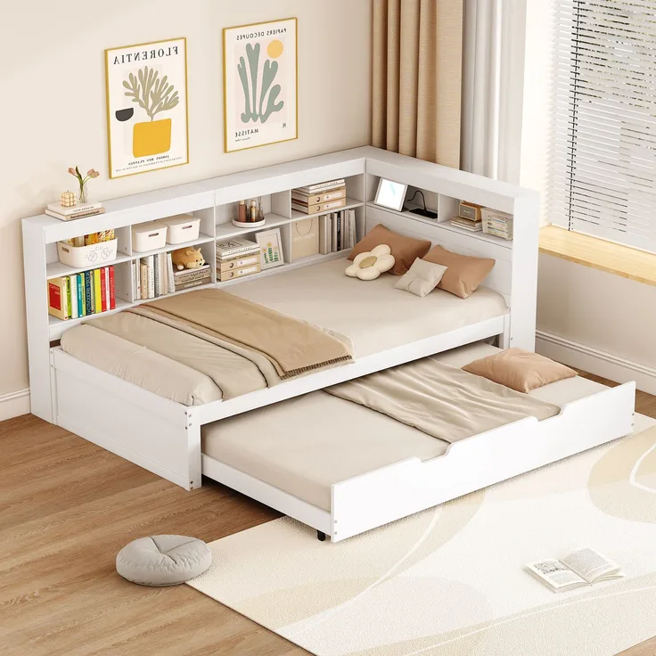 Schlafsofa 90*200, Ausziehbares Bett 90*190 mit USB-Steckdose und mehreren Ablagefächern, Massivholzbett, Einzelbett, Holz-Multifunktionsbett, Weiß.