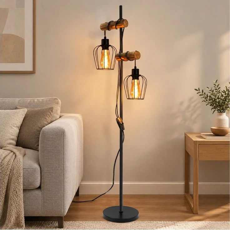 Nettlife Stehlampe Schwarz 2-Flammig 145cm E14/E27 Stehleuchte Vintage Metall Industrial, mit Kippschalter, ohne Leuchtmittel, 151*40*22cm,Fußschalter Leselampe Retro für Schlafzimmer Wohnzimmer – Bild 1