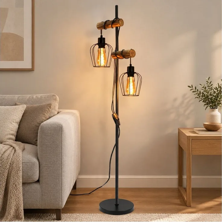 Nettlife Stehlampe Schwarz 2-Flammig 145cm E14/E27 Stehleuchte Vintage Metall Industrial, mit Kippschalter, ohne Leuchtmittel, 151*40*22cm,Fußschalter Leselampe Retro für Schlafzimmer Wohnzimmer