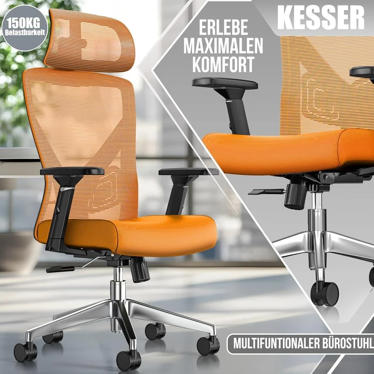 KESSER® Bürostuhl mit verstellbaren Armlehnen | Drehstuhl mit Lendenwirbelstütze Rückenschonend | Schreibtischstuhl ergonomisch mit Kopfstütze | Office Chair Wippfunktion bis 125° mit 5x Gummirollen Orange / Silber – Bild 6