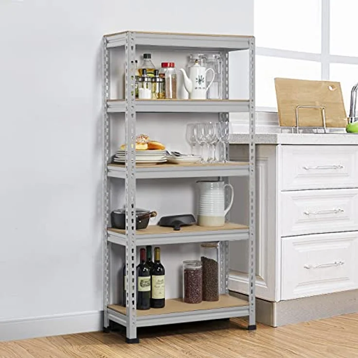 Yaheetech 5 Böden Schwerlastregal 70 cm breit, Speisekammer Regal Lagerregale, Kellerregal Metall, Werkzeugregale, hell grau – Bild 10