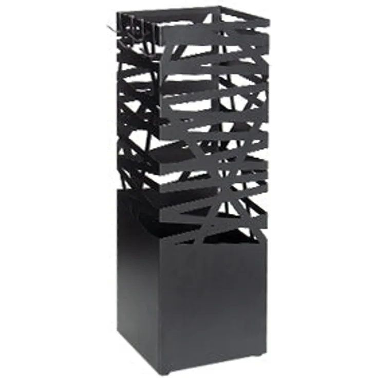 Todeco Regenschirmständer aus Metall mit Ausschnittmuster, quadratischer Schirmständer mit 4 Haken und Wasserauffangschale herausnehmbar, für Eingang, Haus, Büro, Schwarz, 15,5x15,5x49 cm