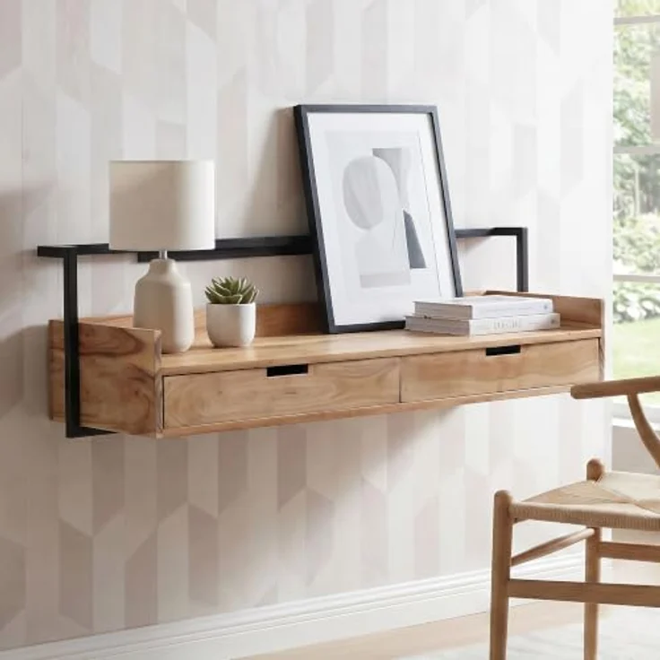 FINEBUY Wandschreibtisch FB117748, 120cm Schwebend aus massiver Akazie, braun, mit 2 Schubladen und robustem Metallrahmen – Bild 2