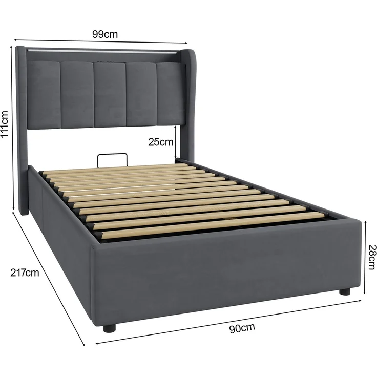 Polsterbett 90x200 cm mit hydraulischem Bettkasten, LED-Beleuchtung und Kopfteil – Dunkelgrau, ohne Matratze – Bild 4