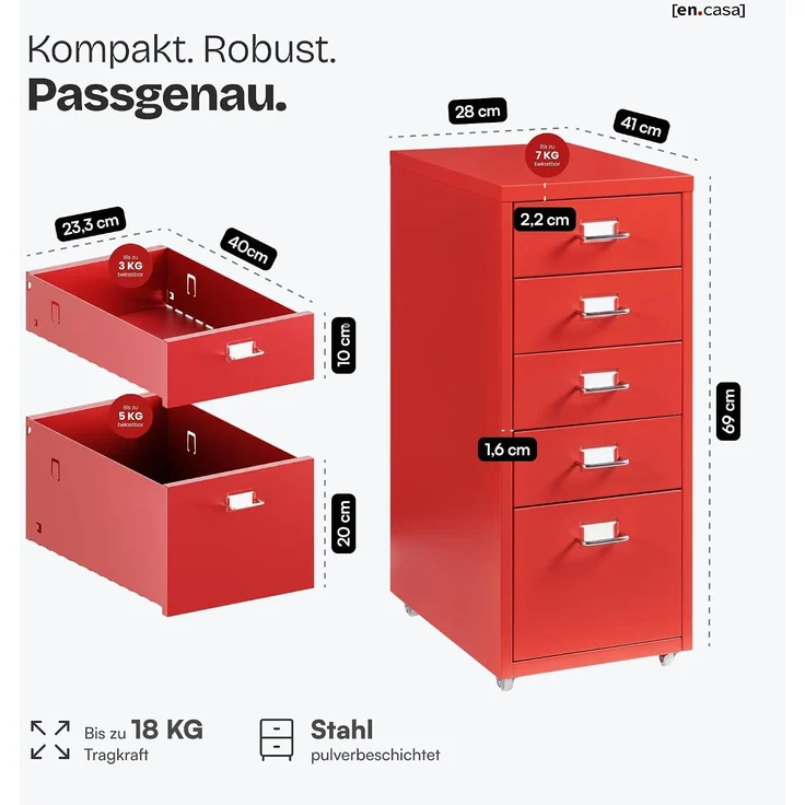 Rollcontainer Kökar mit 5 Schubladen 69x28x41 cm Rot [en. casa] – Bild 2
