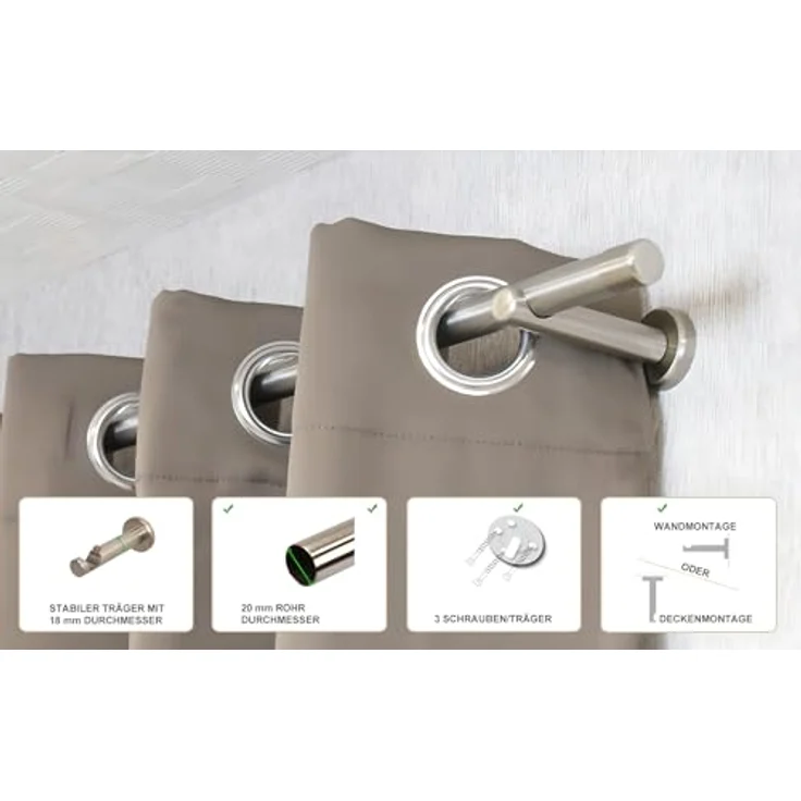 iso-design Gardinenstange 20 mm Farbe Edelstahl, Endstück Kappe, Ø 20 mm, 1-läufig, Fixmaß, verschraubt, Metall, Rohr aus Edelstahl – Bild 3