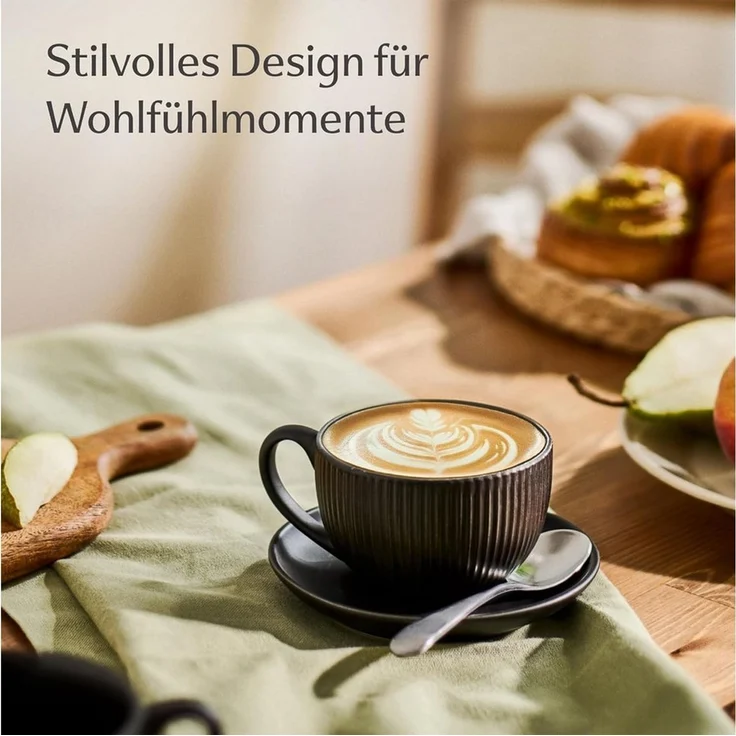 Cosumy Cappuccinotasse 6er Set mit Untertassen - 200 ml Kapazität - mattes Streifendesign, 12-tlg, Keramik, Dickwandig, hält lange warm, spülmaschinen- & mikrowellenfest, matt – Bild 3