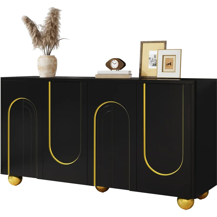 DESVIAE Sideboard Schwarz aus MDF/Spanplatte – 140x74x40 cm – 4 Türen, Gold-Bogendekor – Bild 6