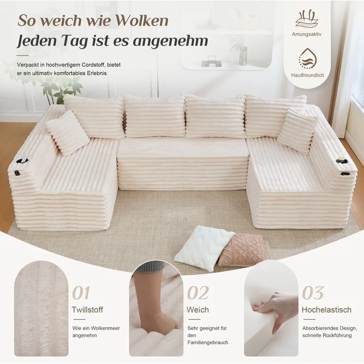 DESVIAE Sofa in U-Form mit Getränkehalter und Seitentasche 320x88x155 cm Cord Beige – Bild 5
