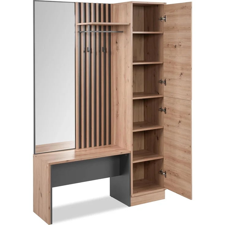 Finori Medan 42B Kompaktgarderobe, Dekor Artisan Oak / anthrazit | Kompaktgarderobe für Flur | Maß: B x H x T ca. 122 x 190 x 37 cm | Kompaktgarderobe mit 2 Türen, Spiegel, Hutablage, Kleiderstange, Bank und 2 Haken – Bild 7